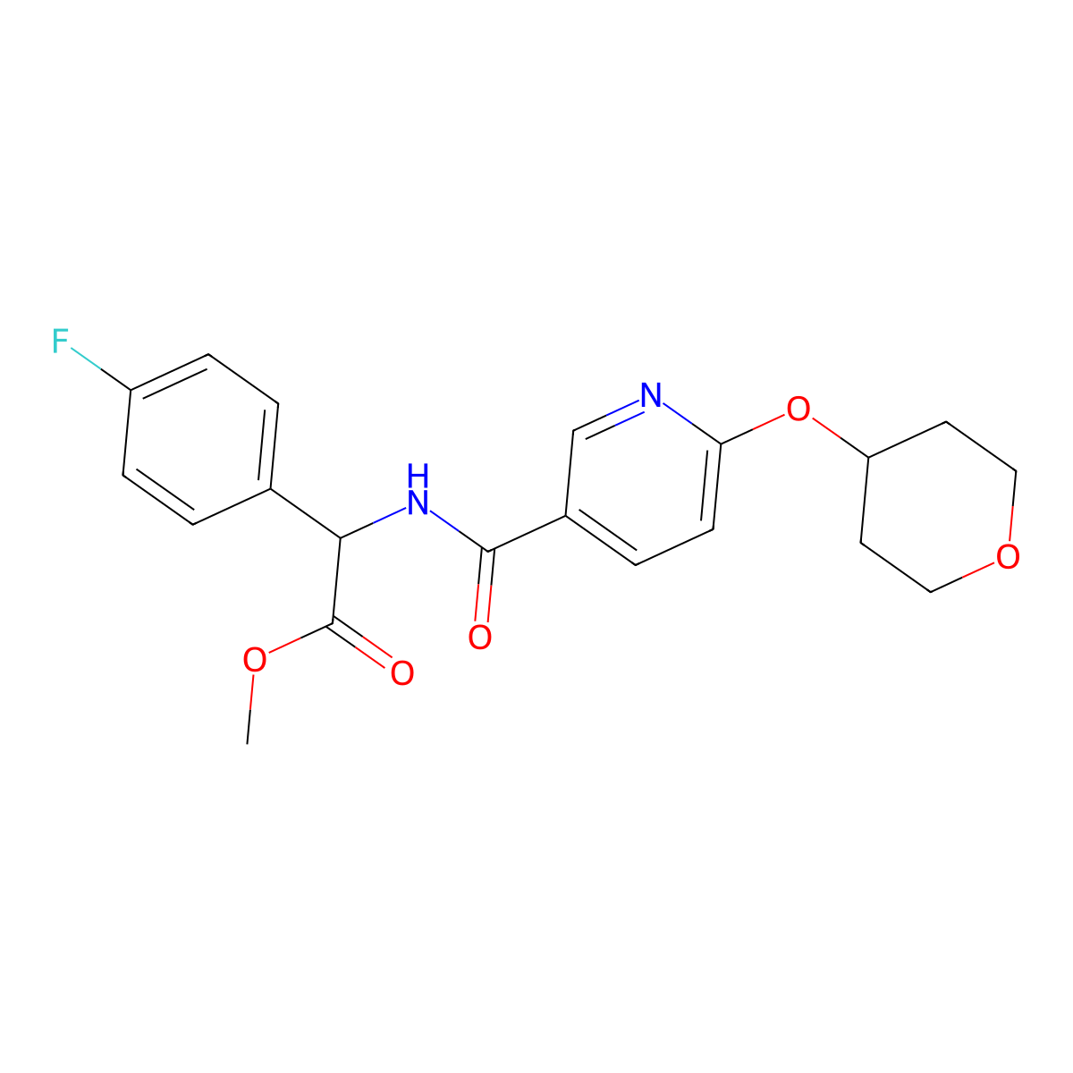 methyl 2-(4-fluorophenyl)-2-(6-((tetrahydro-2H-pyran-4-yl)oxy)nicotinamido)acetate molecular structure, CAS 1902892-03-8
