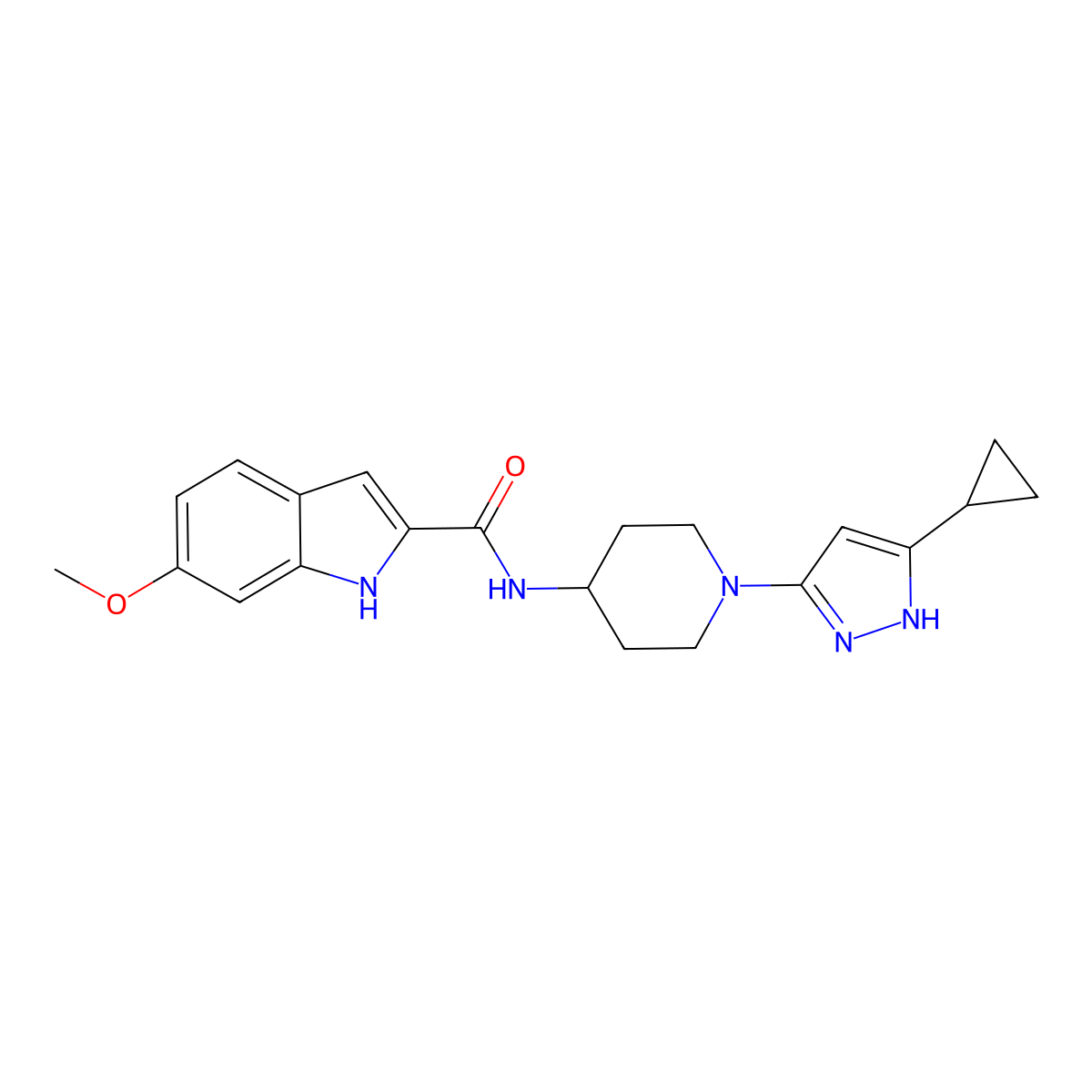N-[1-(5-cyclopropyl-1H-pyrazol-3-yl)piperidin-4-yl]-6-methoxy-1H-indole-2-carboxamide molecular structure, CAS 1902893-12-2
