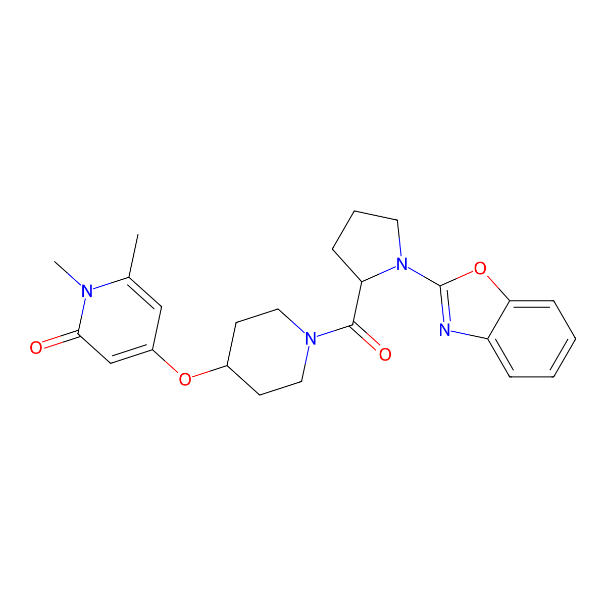 4-((1-(1-(benzo[d]oxazol-2-yl)pyrrolidine-2-carbonyl)piperidin-4-yl)oxy)-1,6-dimethylpyridin-2(1H)-one molecular structure, CAS 1902895-56-0