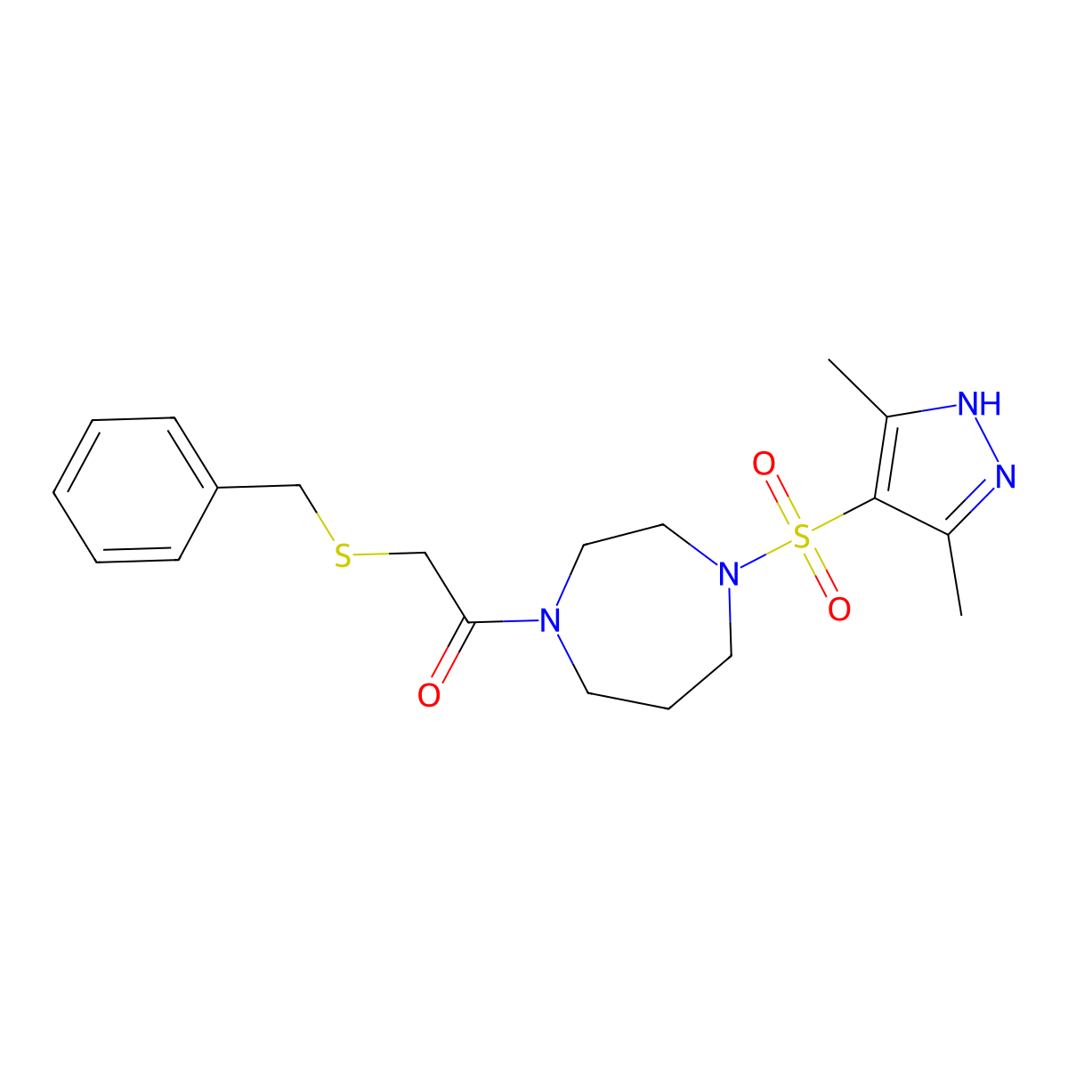 2-(benzylthio)-1-(4-((3,5-dimethyl-1H-pyrazol-4-yl)sulfonyl)-1,4-diazepan-1-yl)ethanone molecular structure, CAS 1902895-87-7