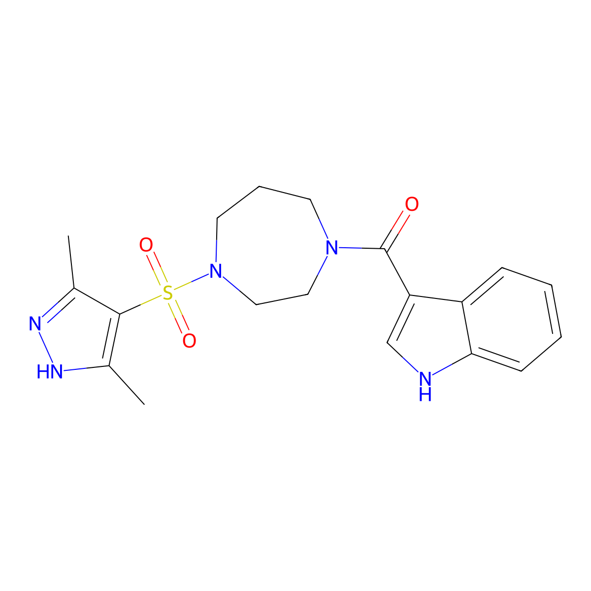 (4-((3,5-dimethyl-1H-pyrazol-4-yl)sulfonyl)-1,4-diazepan-1-yl)(1H-indol-3-yl)methanone molecular structure, CAS 1902896-20-1
