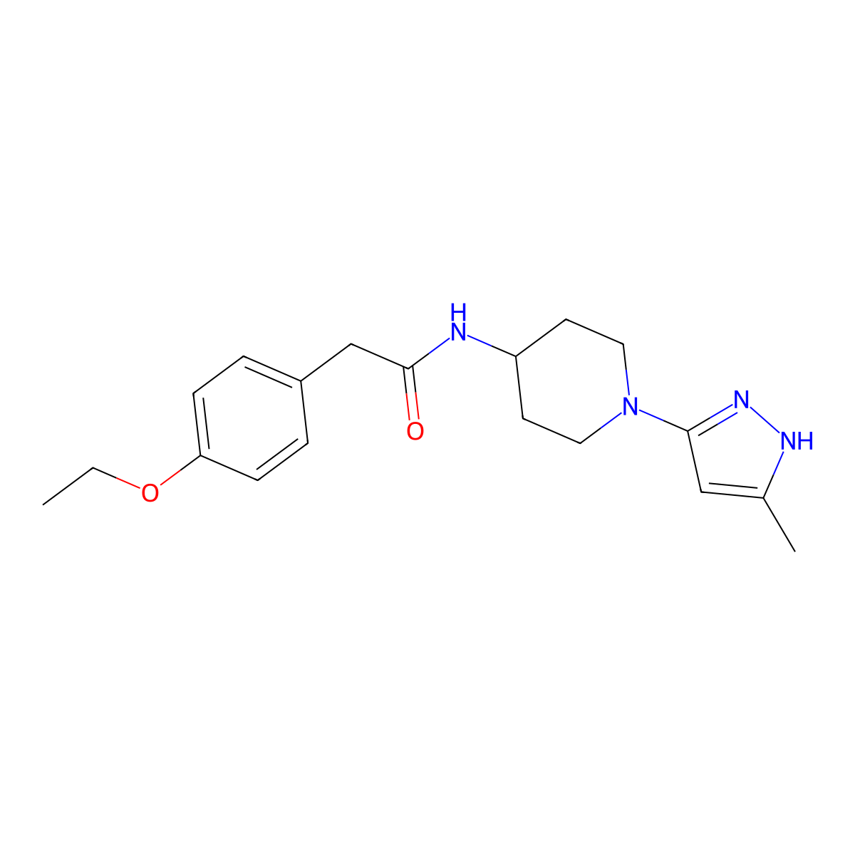 2-(4-ethoxyphenyl)-N-[1-(5-methyl-1H-pyrazol-3-yl)piperidin-4-yl]acetamide molecular structure, CAS 1902896-29-0