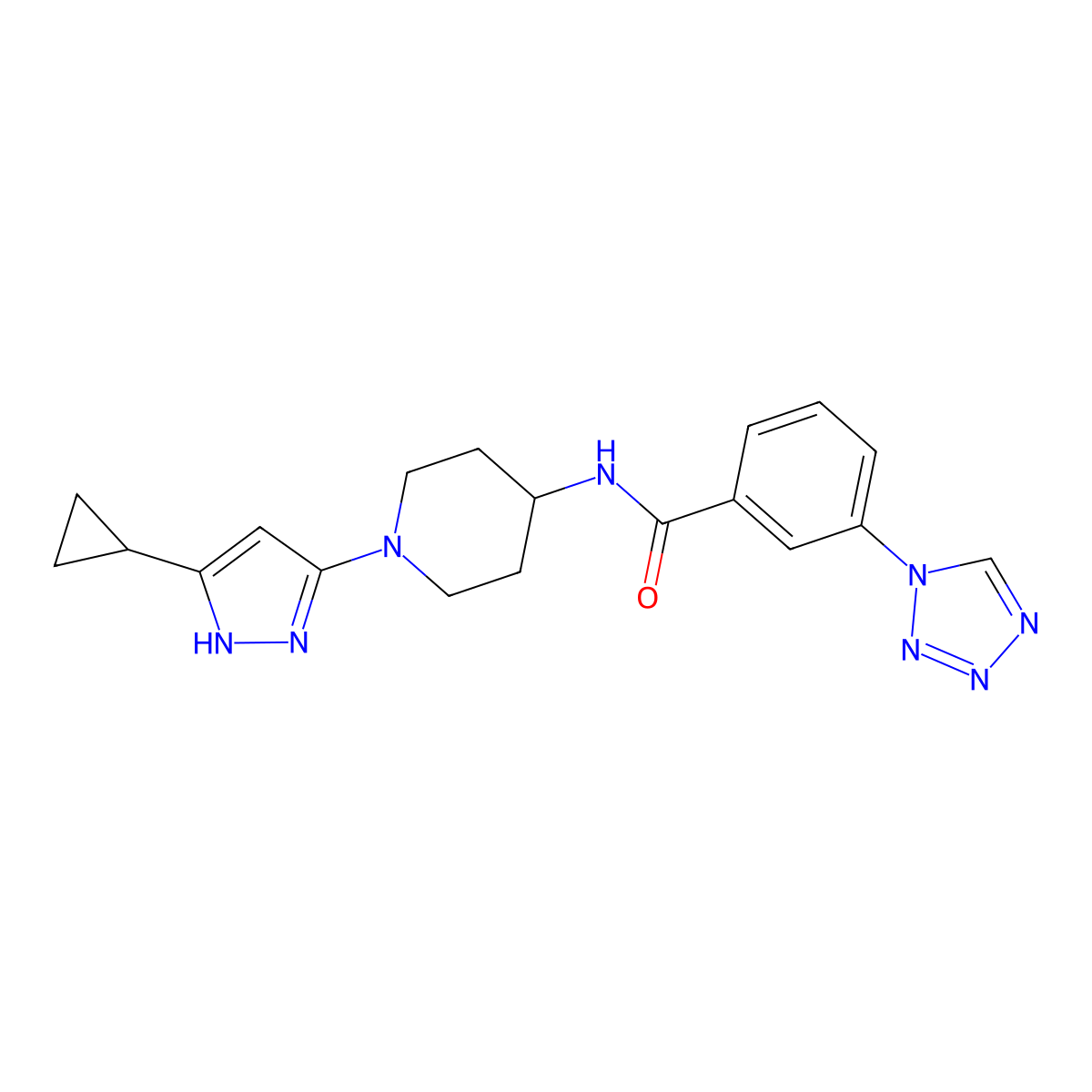 N-(1-(5-cyclopropyl-1H-pyrazol-3-yl)piperidin-4-yl)-3-(1H-tetrazol-1-yl)benzamide molecular structure, CAS 1902897-74-8