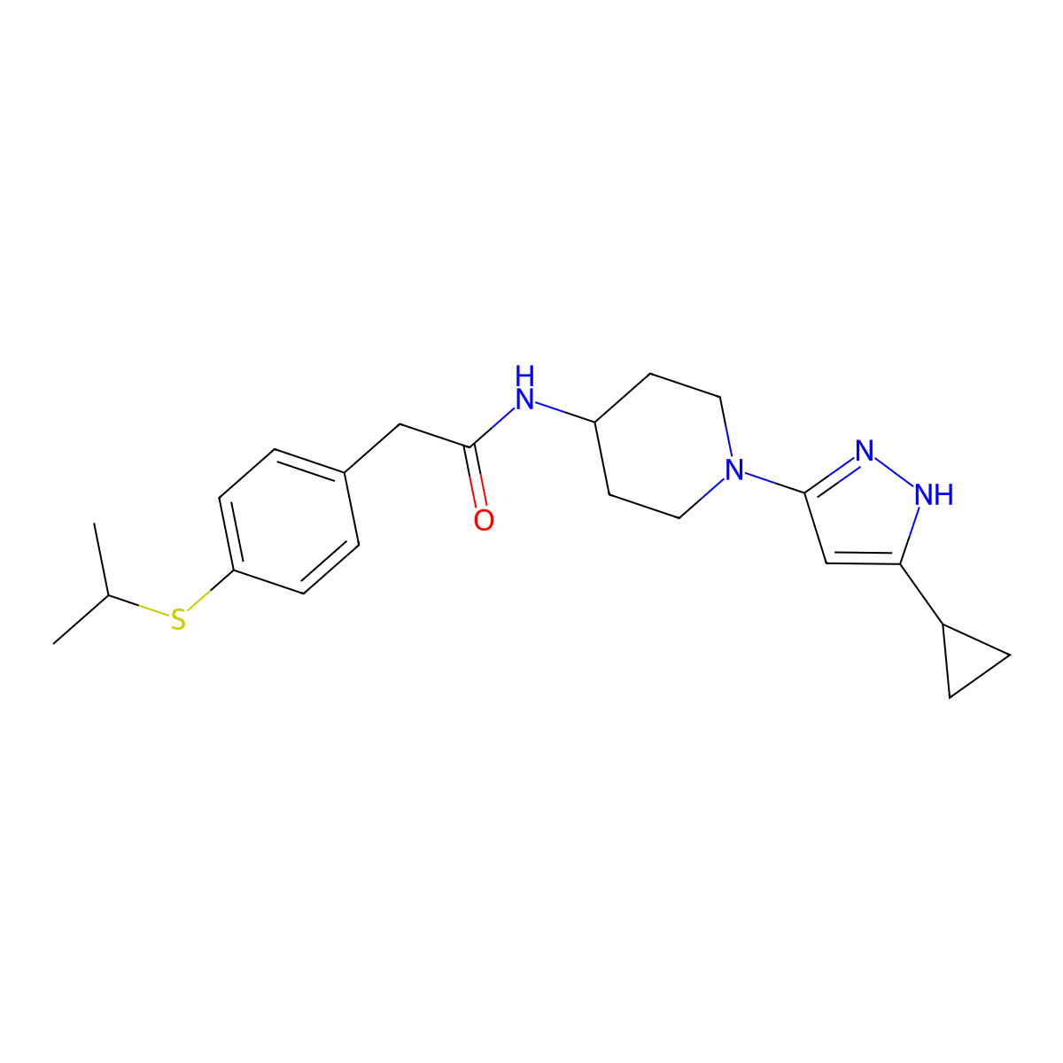 N-(1-(5-cyclopropyl-1H-pyrazol-3-yl)piperidin-4-yl)-2-(4-(isopropylthio)phenyl)acetamide molecular structure, CAS 1902897-83-9