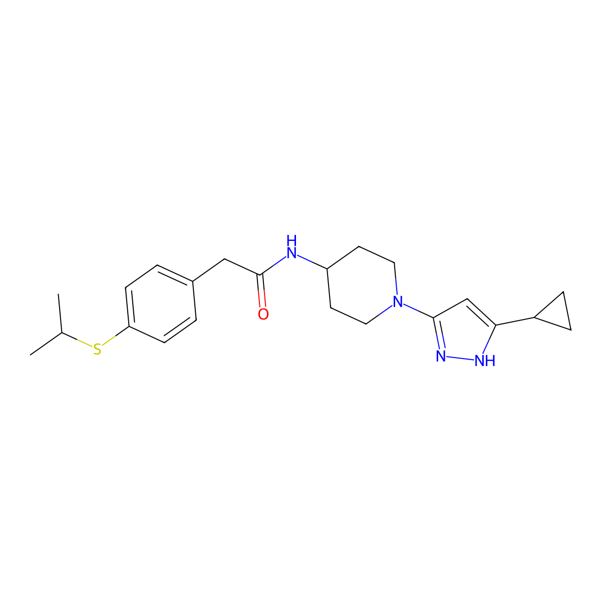 N-(1-(5-cyclopropyl-1H-pyrazol-3-yl)piperidin-4-yl)-2-(4-(isopropylthio)phenyl)acetamide molecular structure, CAS 1902897-83-9