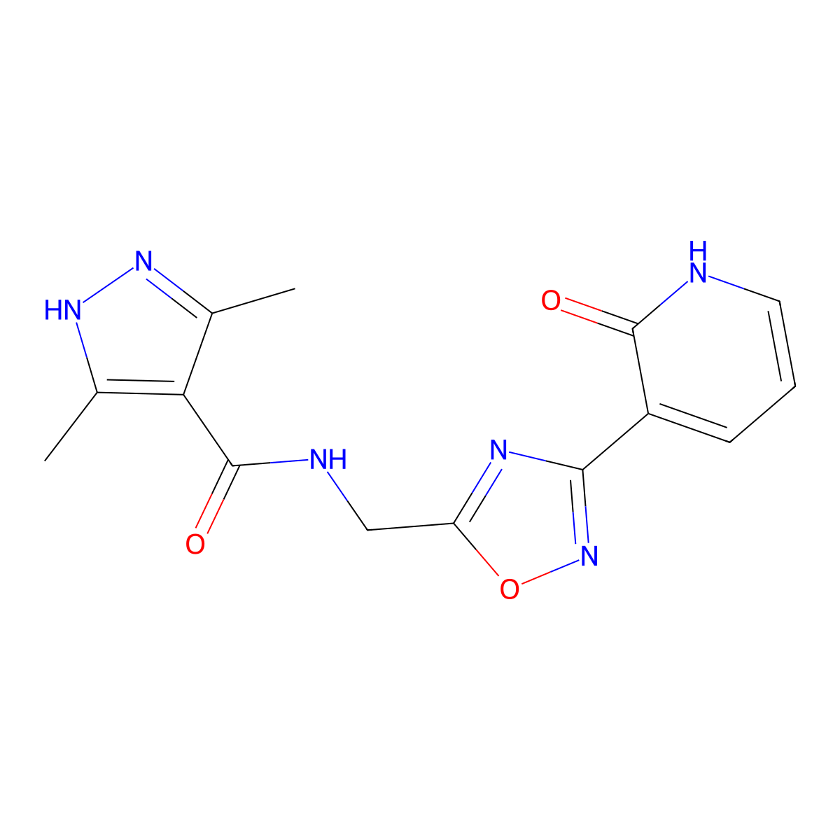 3,5-dimethyl-N-((3-(2-oxo-1,2-dihydropyridin-3-yl)-1,2,4-oxadiazol-5-yl)methyl)-1H-pyrazole-4-carboxamide molecular structure, CAS 1902898-99-0