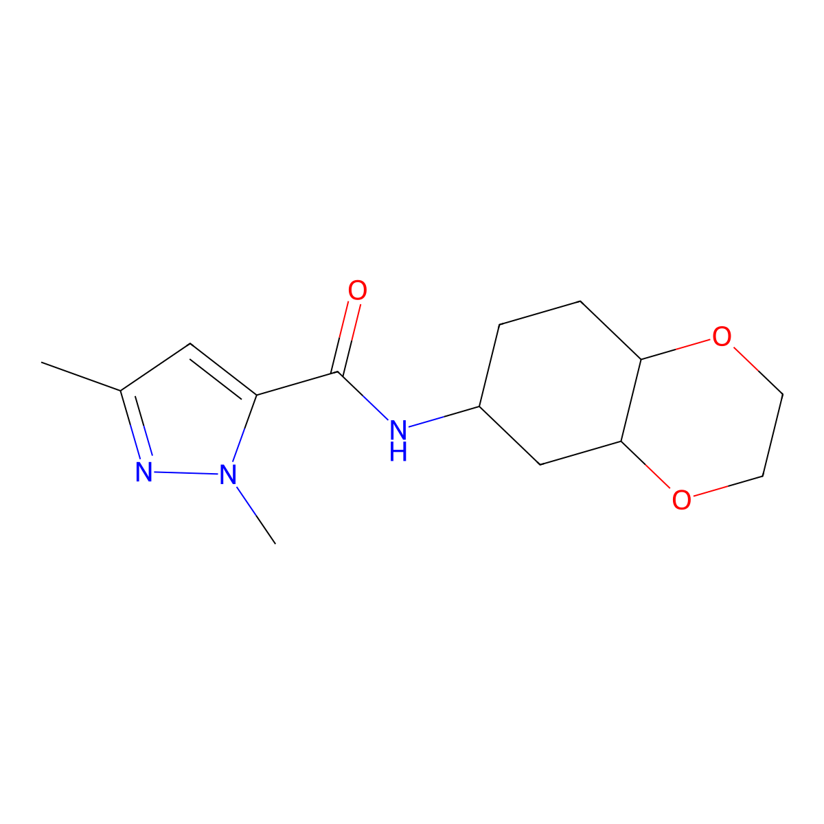 1,3-dimethyl-N-(octahydrobenzo[b][1,4]dioxin-6-yl)-1H-pyrazole-5-carboxamide molecular structure, CAS 1902907-39-4