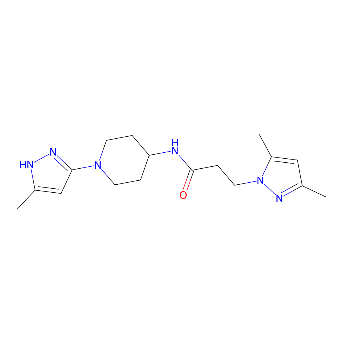 3-(3,5-dimethyl-1H-pyrazol-1-yl)-N-(1-(5-methyl-1H-pyrazol-3-yl)piperidin-4-yl)propanamide molecular structure, CAS 1902909-05-0