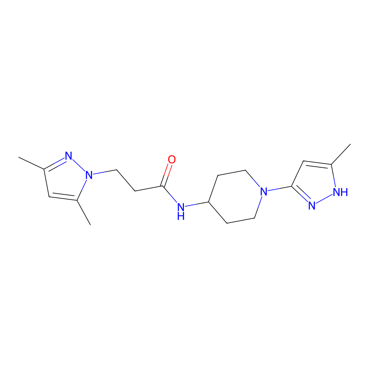 3-(3,5-dimethyl-1H-pyrazol-1-yl)-N-(1-(5-methyl-1H-pyrazol-3-yl)piperidin-4-yl)propanamide molecular structure, CAS 1902909-05-0