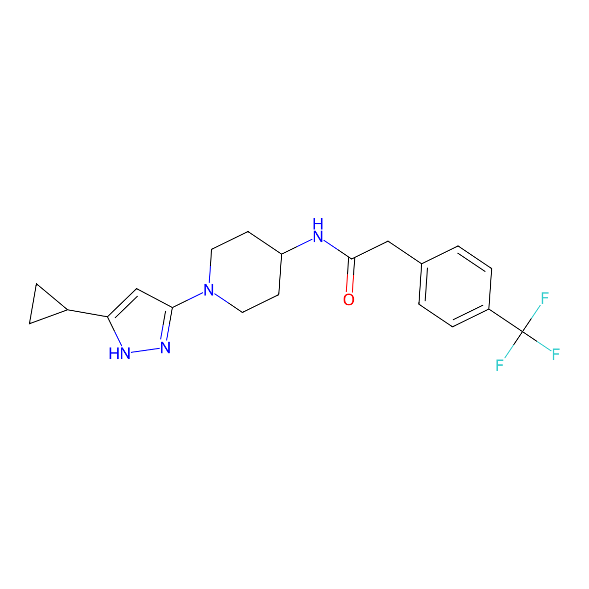 N-[1-(5-cyclopropyl-1H-pyrazol-3-yl)piperidin-4-yl]-2-[4-(trifluoromethyl)phenyl]acetamide molecular structure, CAS 1902909-44-7