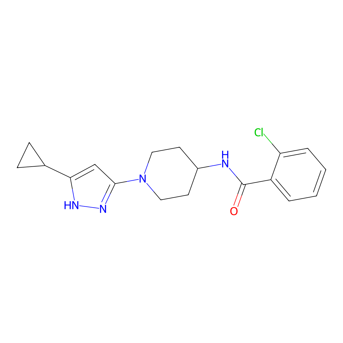 2-chloro-N-[1-(5-cyclopropyl-1H-pyrazol-3-yl)piperidin-4-yl]benzamide molecular structure, CAS 1902909-47-0