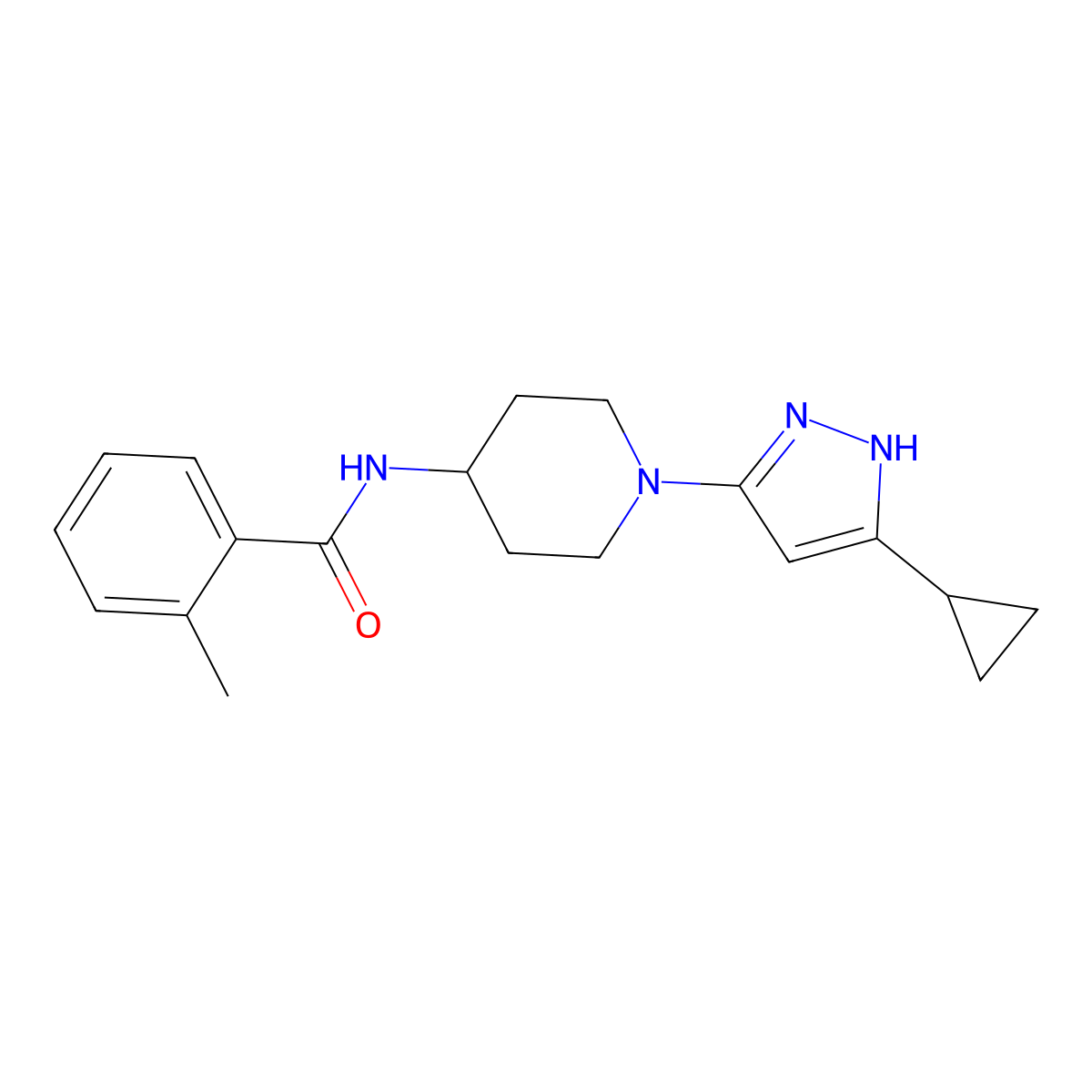 N-[1-(5-cyclopropyl-1H-pyrazol-3-yl)piperidin-4-yl]-2-methylbenzamide molecular structure, CAS 1902913-05-6