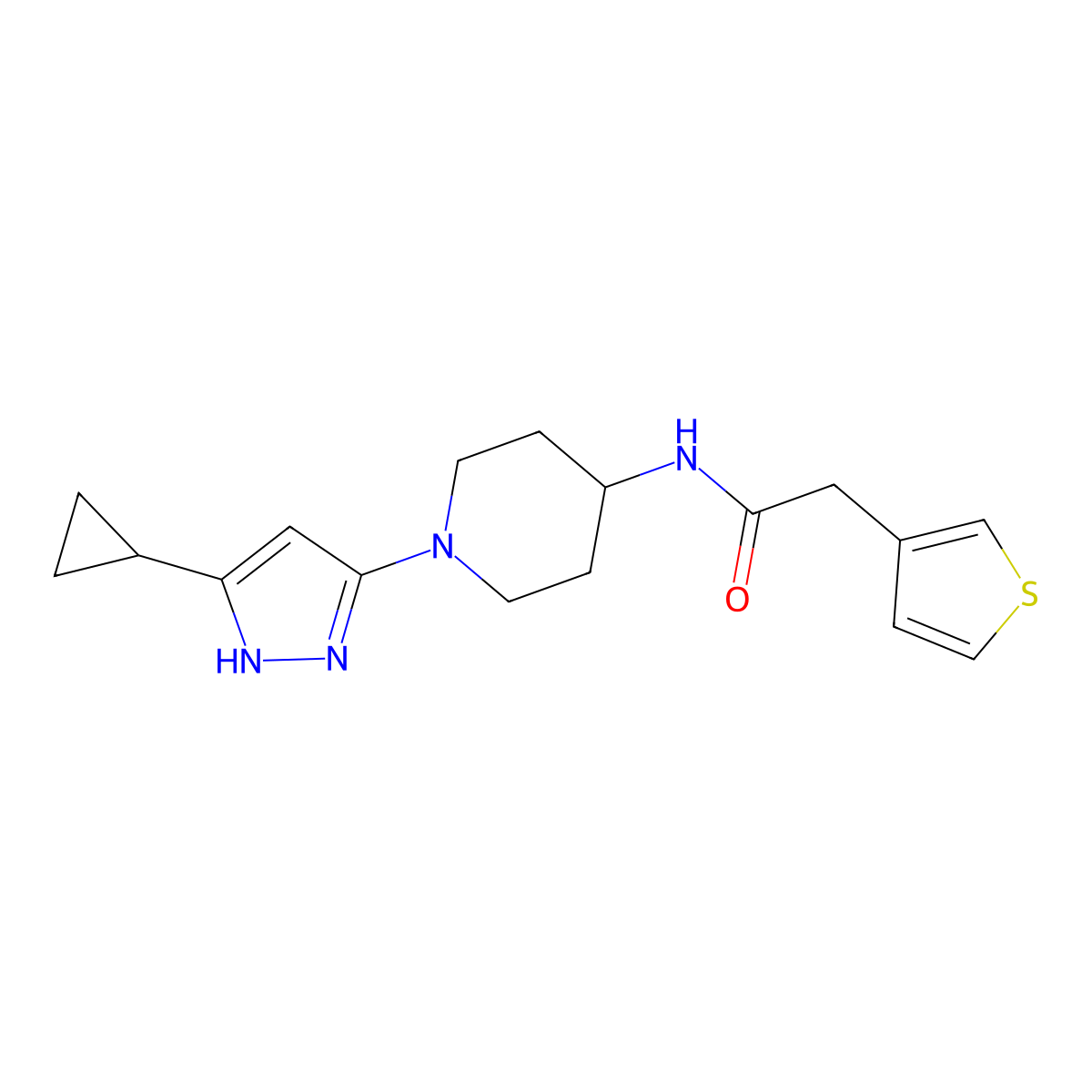 N-[1-(5-cyclopropyl-1H-pyrazol-3-yl)piperidin-4-yl]-2-(thiophen-3-yl)acetamide molecular structure, CAS 1902913-82-9