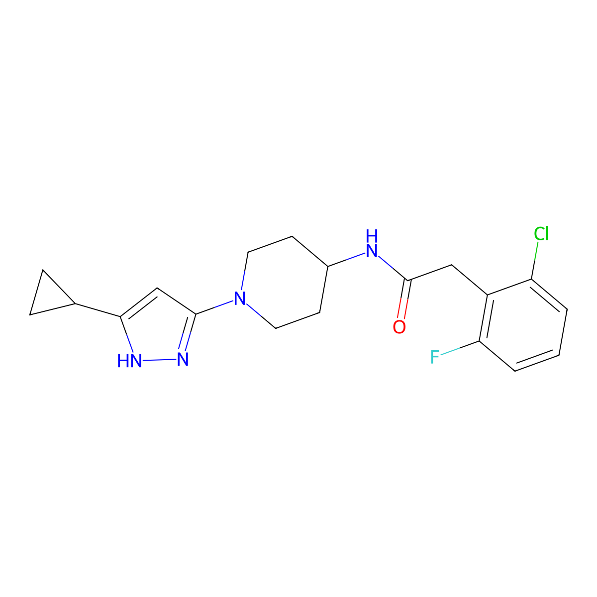2-(2-chloro-6-fluorophenyl)-N-[1-(5-cyclopropyl-1H-pyrazol-3-yl)piperidin-4-yl]acetamide molecular structure, CAS 1902922-37-5