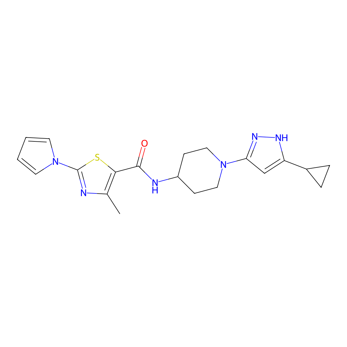 N-(1-(5-cyclopropyl-1H-pyrazol-3-yl)piperidin-4-yl)-4-methyl-2-(1H-pyrrol-1-yl)thiazole-5-carboxamide molecular structure, CAS 1902925-46-5
