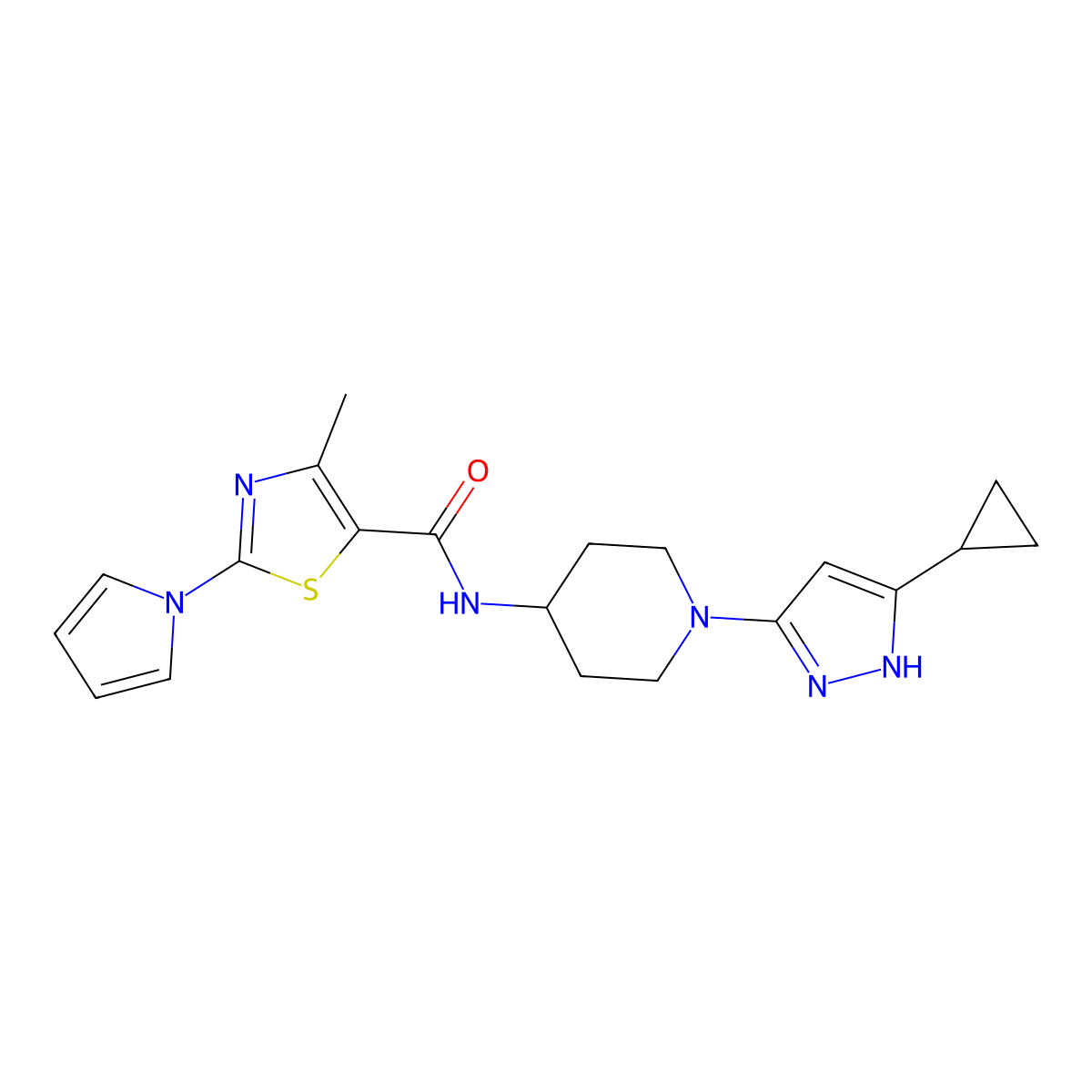 N-(1-(5-cyclopropyl-1H-pyrazol-3-yl)piperidin-4-yl)-4-methyl-2-(1H-pyrrol-1-yl)thiazole-5-carboxamide molecular structure, CAS 1902925-46-5
