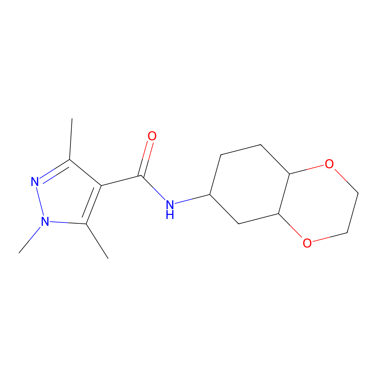 1,3,5-trimethyl-N-(octahydro-1,4-benzodioxin-6-yl)-1H-pyrazole-4-carboxamide molecular structure, CAS 1902926-23-1