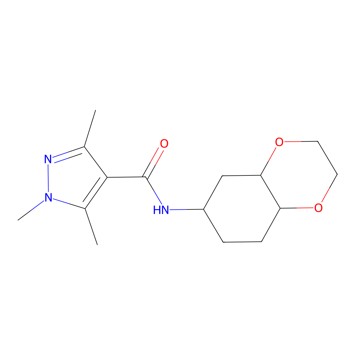 1,3,5-trimethyl-N-(octahydro-1,4-benzodioxin-6-yl)-1H-pyrazole-4-carboxamide molecular structure, CAS 1902926-23-1