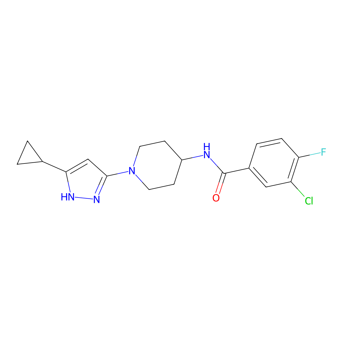 3-chloro-N-[1-(5-cyclopropyl-1H-pyrazol-3-yl)piperidin-4-yl]-4-fluorobenzamide molecular structure, CAS 1902937-36-3