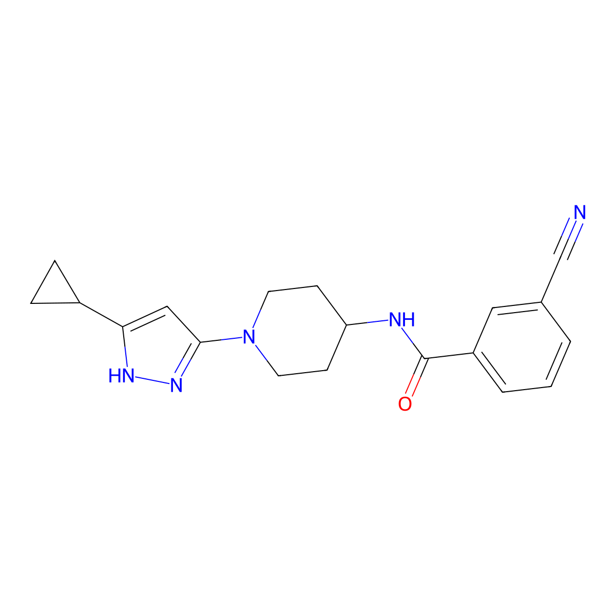 3-cyano-N-[1-(5-cyclopropyl-1H-pyrazol-3-yl)piperidin-4-yl]benzamide molecular structure, CAS 1902937-45-4