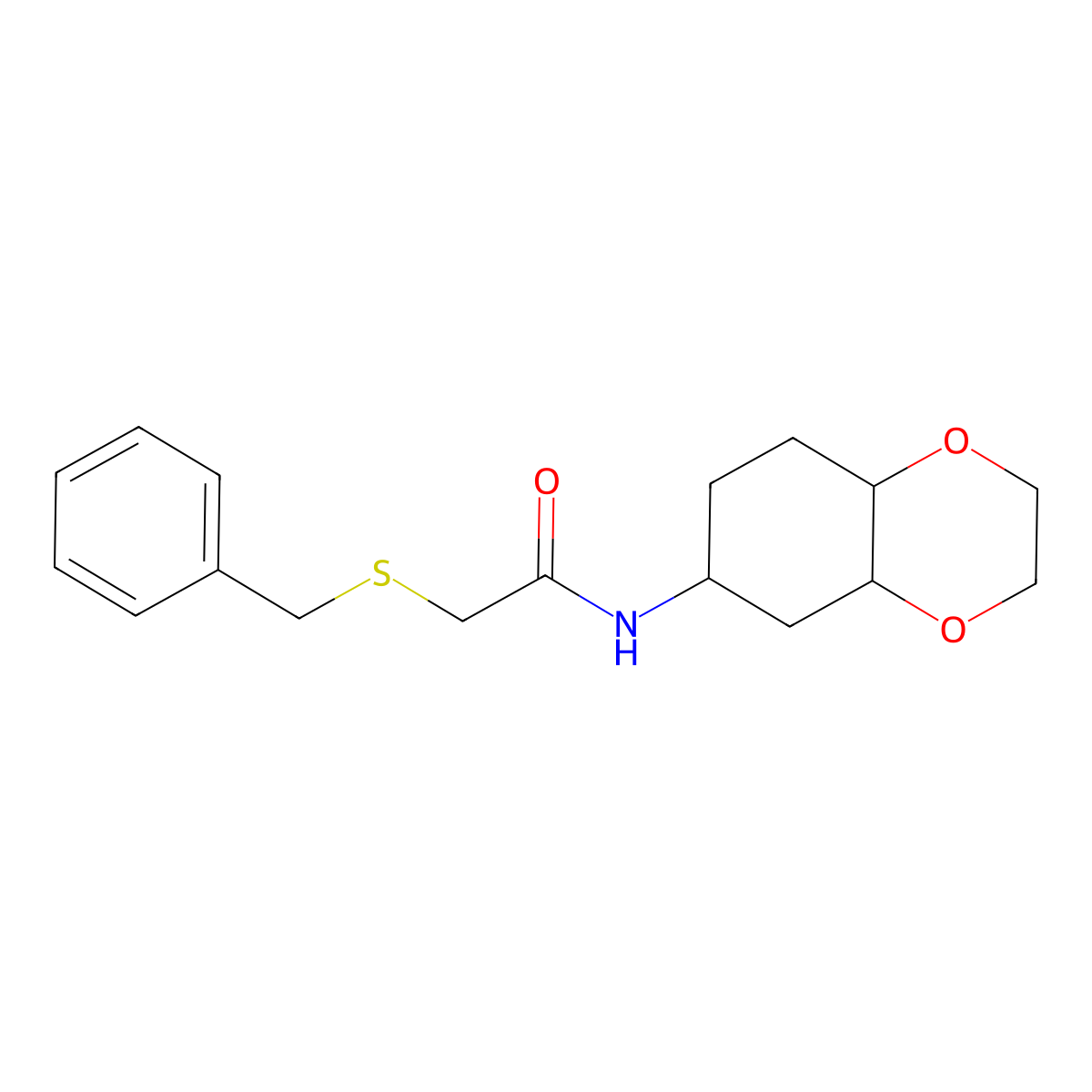 2-(benzylthio)-N-(octahydrobenzo[b][1,4]dioxin-6-yl)acetamide molecular structure, CAS 1902937-50-1