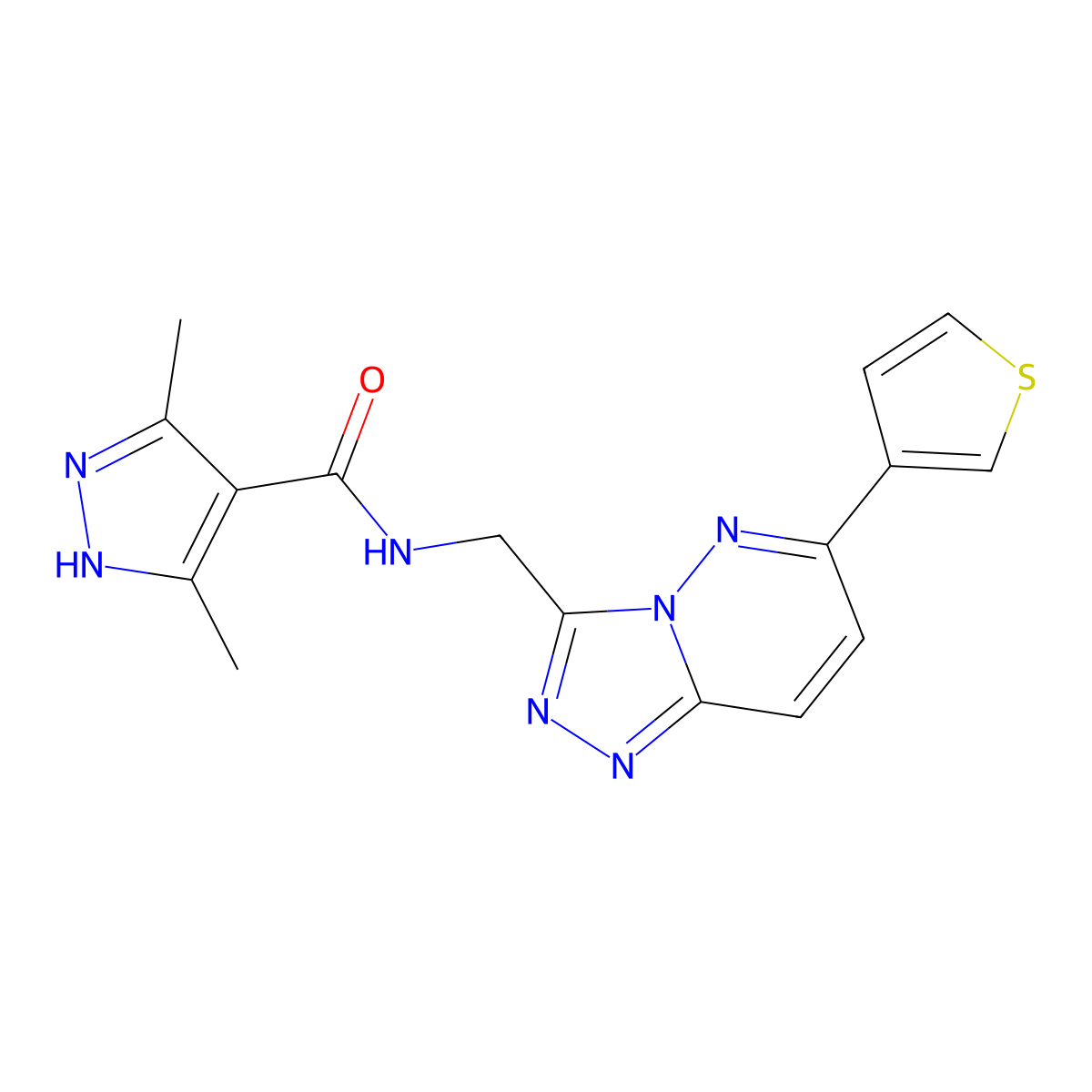 3,5-dimethyl-N-((6-(thiophen-3-yl)-[1,2,4]triazolo[4,3-b]pyridazin-3-yl)methyl)-1H-pyrazole-4-carboxamide molecular structure, CAS 1902937-67-0