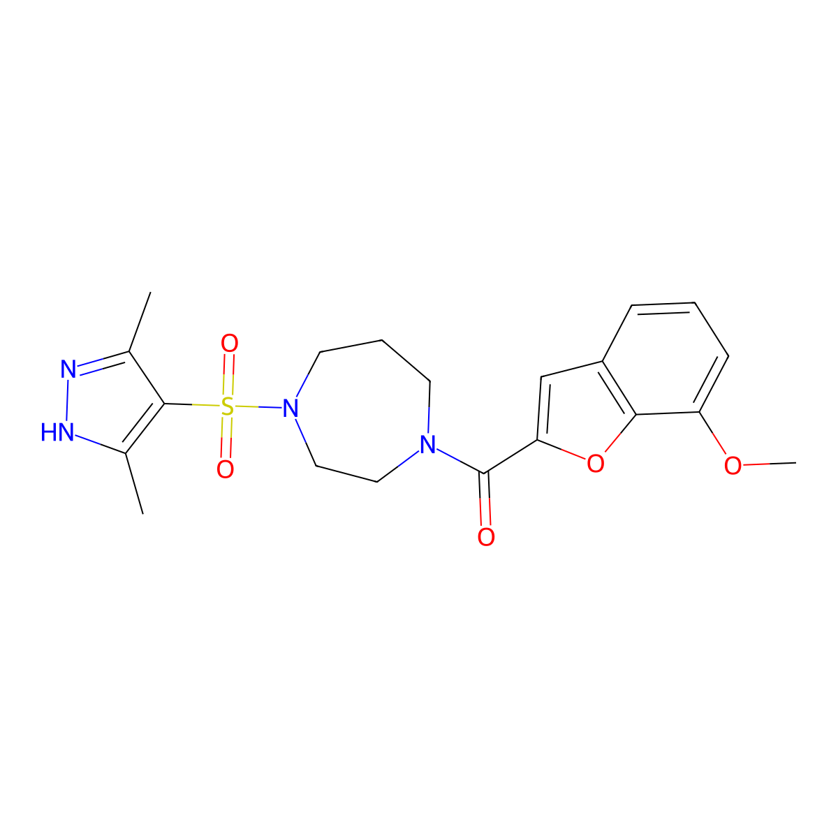 (4-((3,5-dimethyl-1H-pyrazol-4-yl)sulfonyl)-1,4-diazepan-1-yl)(7-methoxybenzofuran-2-yl)methanone molecular structure, CAS 1902938-07-1