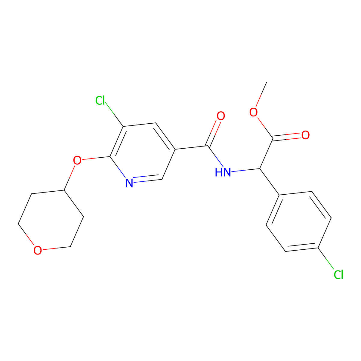 methyl 2-(5-chloro-6-((tetrahydro-2H-pyran-4-yl)oxy)nicotinamido)-2-(4-chlorophenyl)acetate molecular structure, CAS 1902942-28-2