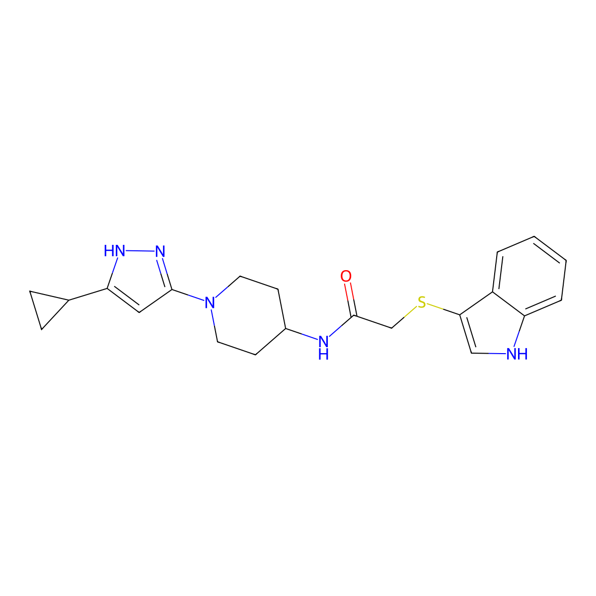 2-((1H-indol-3-yl)thio)-N-(1-(5-cyclopropyl-1H-pyrazol-3-yl)piperidin-4-yl)acetamide molecular structure, CAS 1902942-99-7