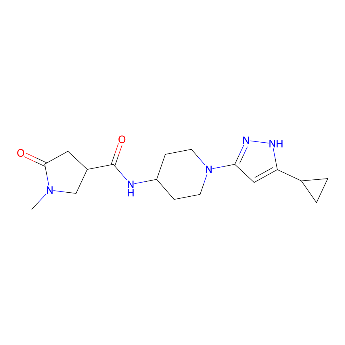 N-[1-(5-cyclopropyl-1H-pyrazol-3-yl)piperidin-4-yl]-1-methyl-5-oxopyrrolidine-3-carboxamide molecular structure, CAS 1902945-68-9
