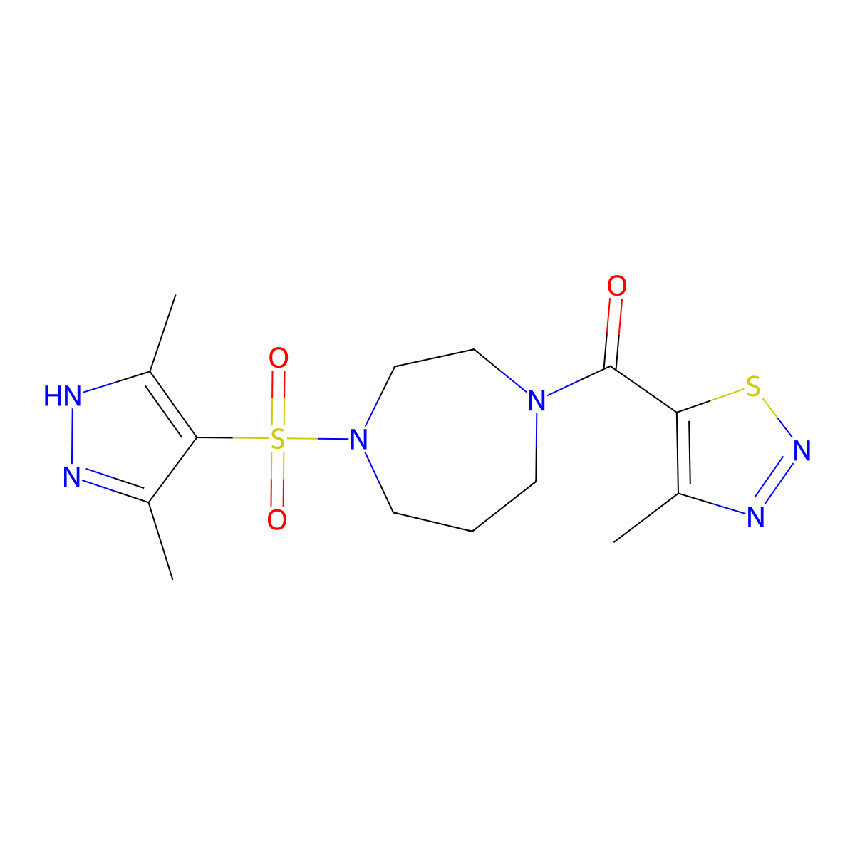 (4-((3,5-dimethyl-1H-pyrazol-4-yl)sulfonyl)-1,4-diazepan-1-yl)(4-methyl-1,2,3-thiadiazol-5-yl)methanone molecular structure, CAS 1902946-19-3