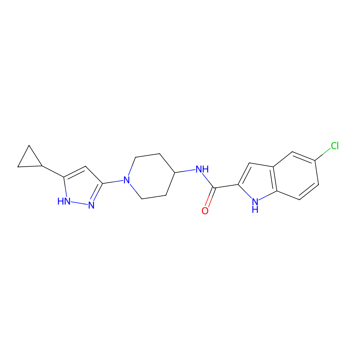 5-chloro-N-[1-(5-cyclopropyl-1H-pyrazol-3-yl)piperidin-4-yl]-1H-indole-2-carboxamide molecular structure, CAS 1902949-77-2