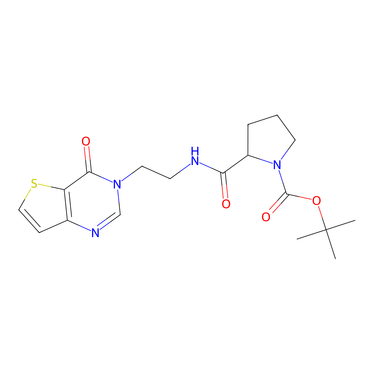 tert-butyl 2-((2-(4-oxothieno[3,2-d]pyrimidin-3(4H)-yl)ethyl)carbamoyl)pyrrolidine-1-carboxylate molecular structure, CAS 1902950-67-7