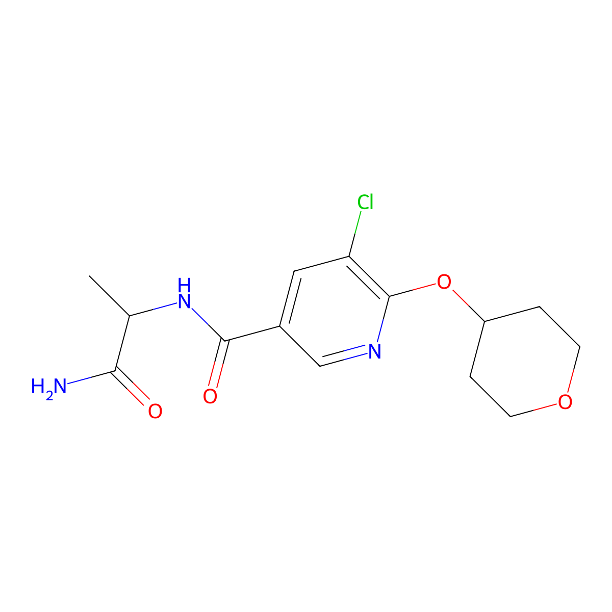 N-(1-amino-1-oxopropan-2-yl)-5-chloro-6-((tetrahydro-2H-pyran-4-yl)oxy)nicotinamide molecular structure, CAS 1902957-77-0