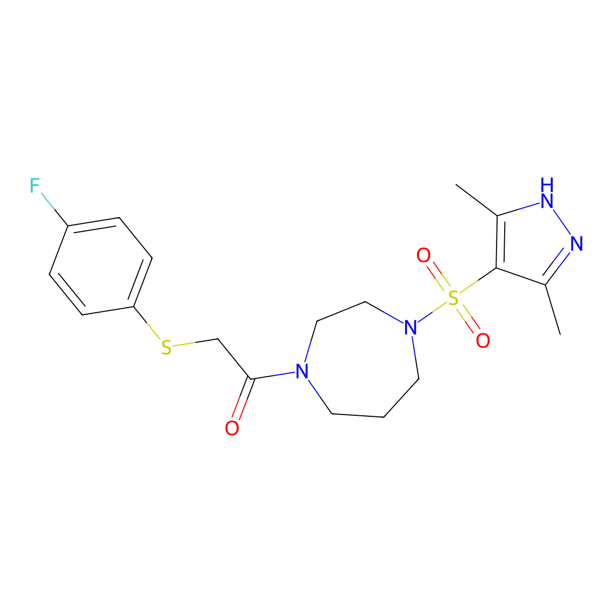 1-(4-((3,5-dimethyl-1H-pyrazol-4-yl)sulfonyl)-1,4-diazepan-1-yl)-2-((4-fluorophenyl)thio)ethanone molecular structure, CAS 1902957-90-7