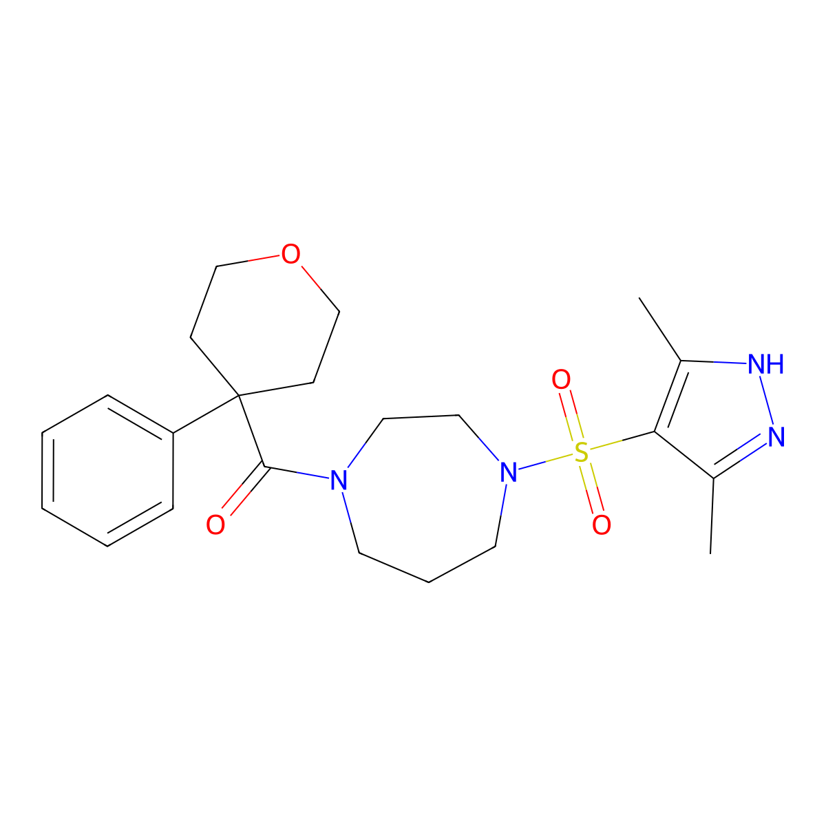 (4-((3,5-dimethyl-1H-pyrazol-4-yl)sulfonyl)-1,4-diazepan-1-yl)(4-phenyltetrahydro-2H-pyran-4-yl)methanone molecular structure, CAS 1902959-24-3