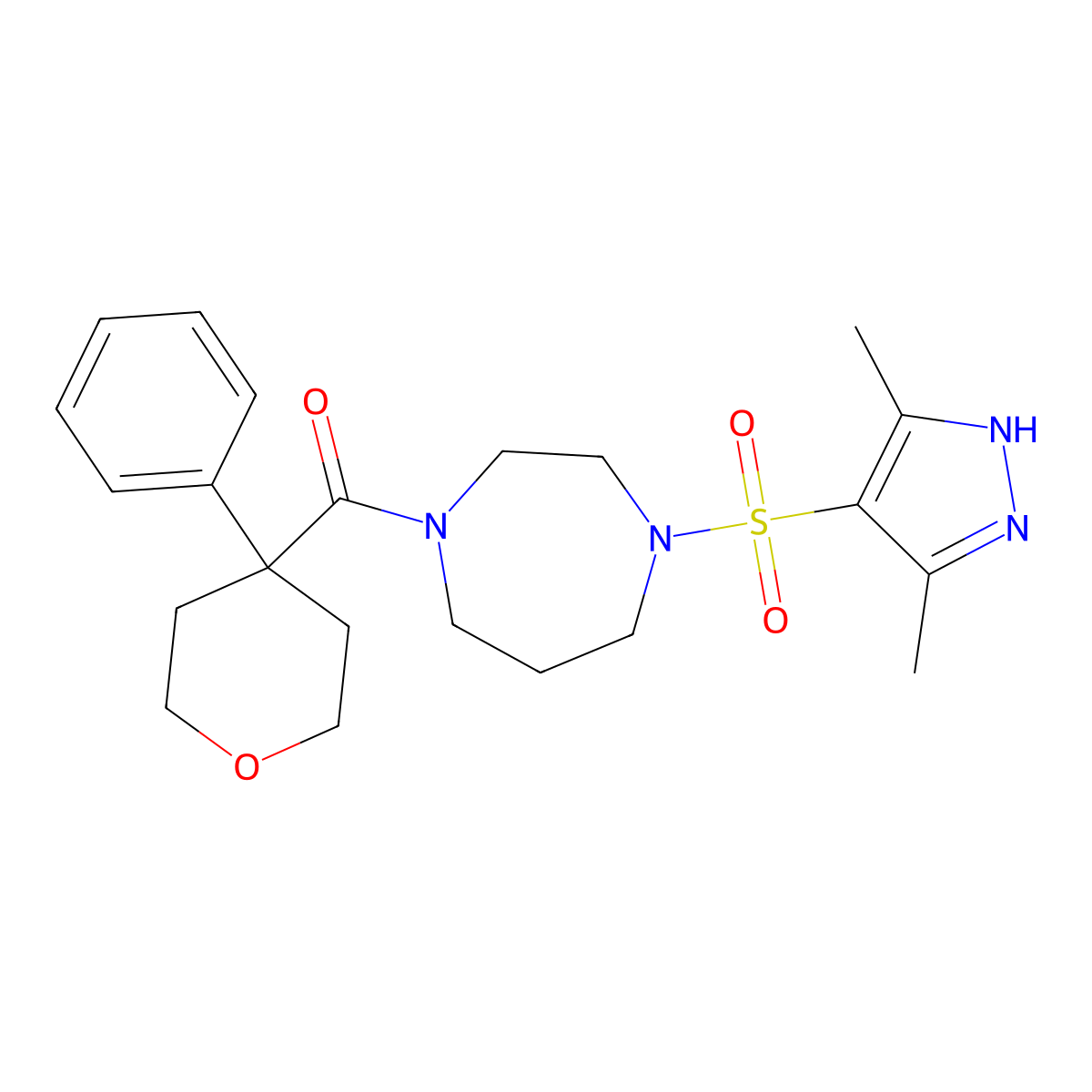 (4-((3,5-dimethyl-1H-pyrazol-4-yl)sulfonyl)-1,4-diazepan-1-yl)(4-phenyltetrahydro-2H-pyran-4-yl)methanone molecular structure, CAS 1902959-24-3