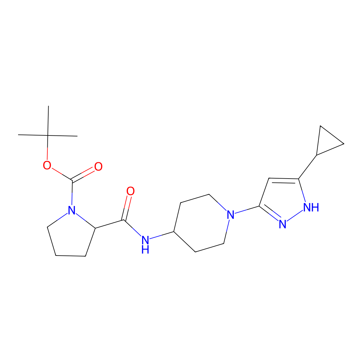 tert-butyl 2-((1-(5-cyclopropyl-1H-pyrazol-3-yl)piperidin-4-yl)carbamoyl)pyrrolidine-1-carboxylate molecular structure, CAS 1902965-19-8