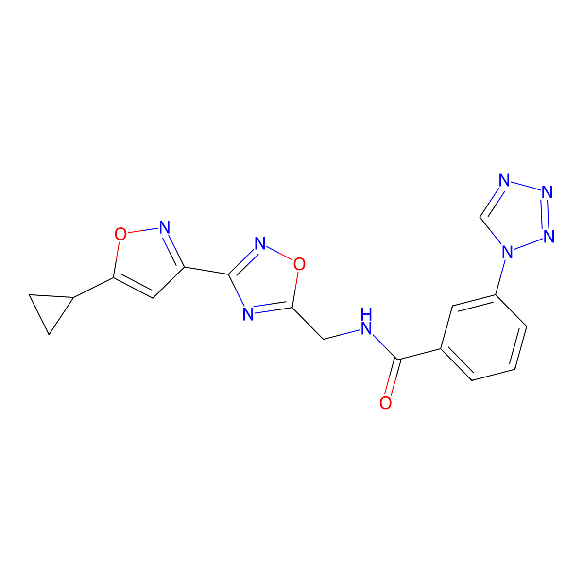 N-((3-(5-cyclopropylisoxazol-3-yl)-1,2,4-oxadiazol-5-yl)methyl)-3-(1H-tetrazol-1-yl)benzamide molecular structure, CAS 1902979-88-7