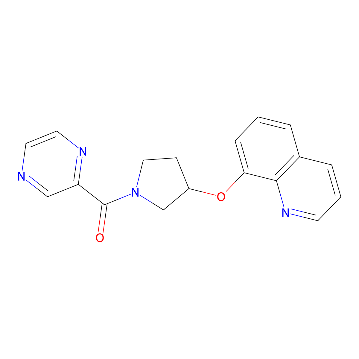 Pyrazin-2-yl(3-(quinolin-8-yloxy)pyrrolidin-1-yl)methanone molecular structure, CAS 1902979-97-8