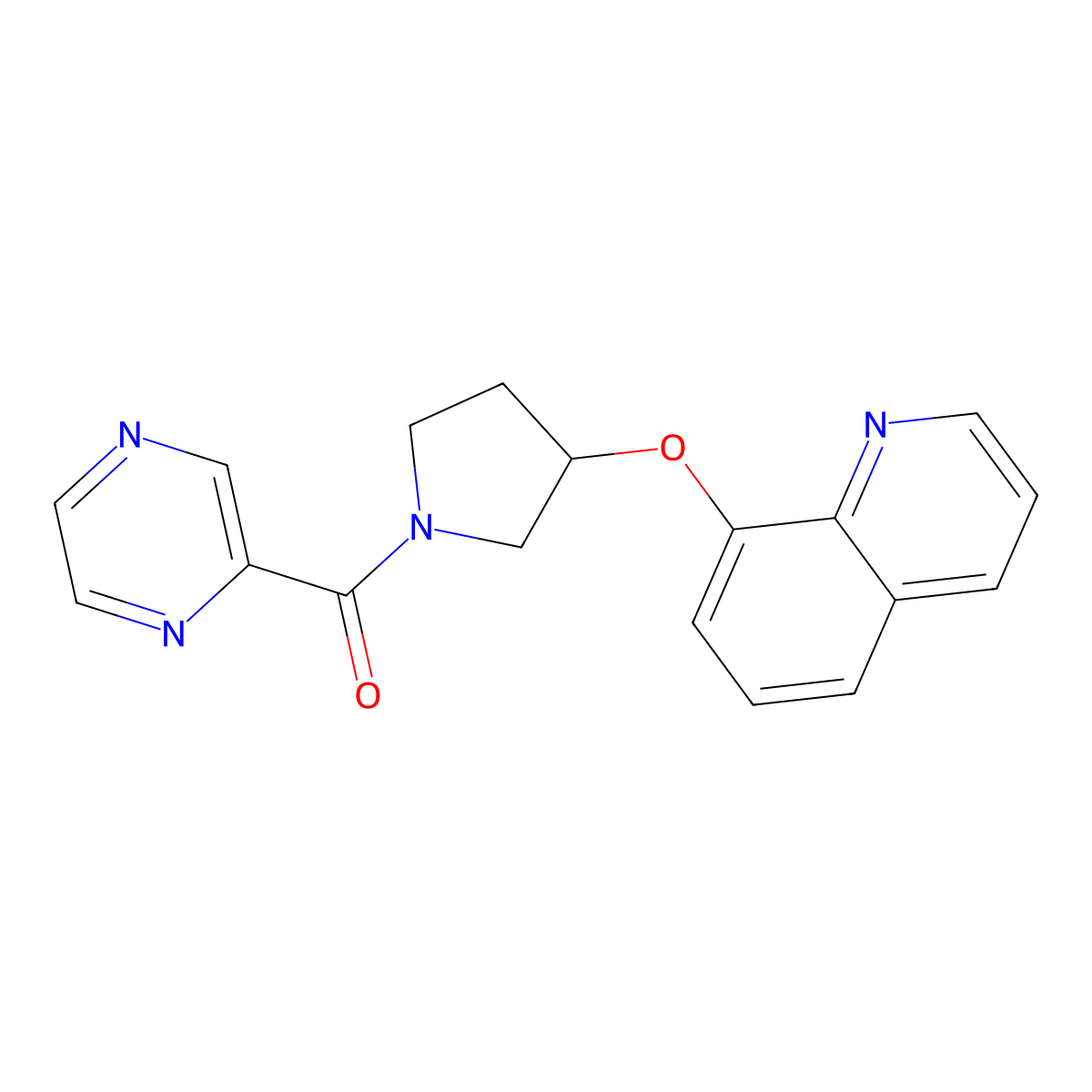 Pyrazin-2-yl(3-(quinolin-8-yloxy)pyrrolidin-1-yl)methanone molecular structure, CAS 1902979-97-8