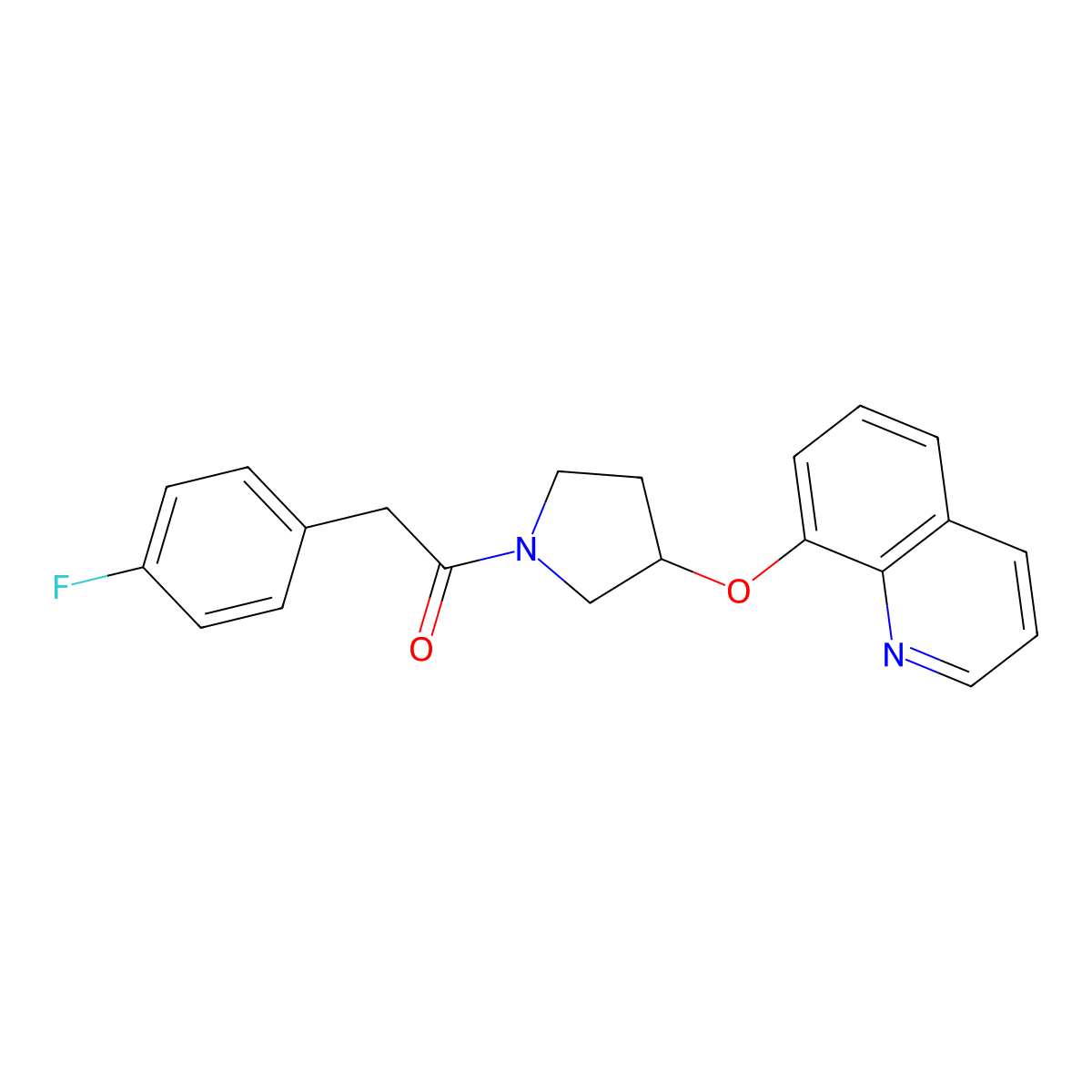 2-(4-Fluorophenyl)-1-(3-(quinolin-8-yloxy)pyrrolidin-1-yl)ethanone molecular structure, CAS 1902980-00-0
