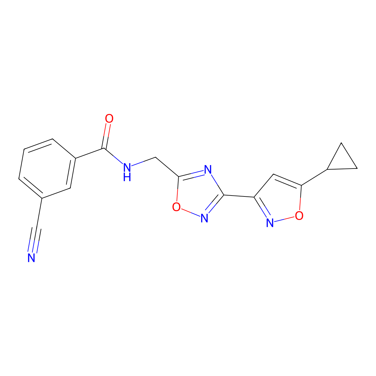 3-cyano-N-((3-(5-cyclopropylisoxazol-3-yl)-1,2,4-oxadiazol-5-yl)methyl)benzamide molecular structure, CAS 1902980-06-6