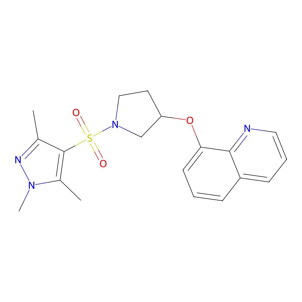 8-({1-[(1,3,5-trimethyl-1H-pyrazol-4-yl)sulfonyl]pyrrolidin-3-yl}oxy)quinoline molecular structure, CAS 1902981-54-7