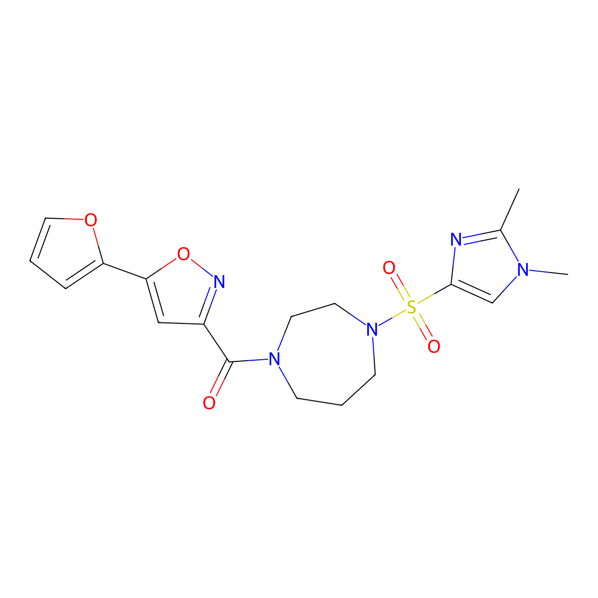 (4-((1,2-dimethyl-1H-imidazol-4-yl)sulfonyl)-1,4-diazepan-1-yl)(5-(furan-2-yl)isoxazol-3-yl)methanone molecular structure, CAS 1903013-08-0