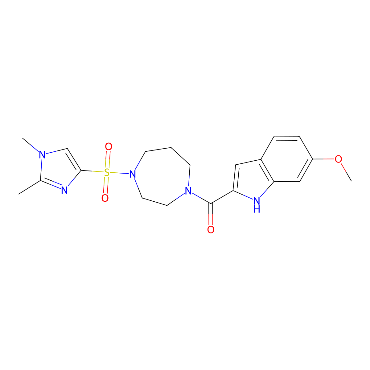 (4-((1,2-dimethyl-1H-imidazol-4-yl)sulfonyl)-1,4-diazepan-1-yl)(6-methoxy-1H-indol-2-yl)methanone molecular structure, CAS 1903014-92-5