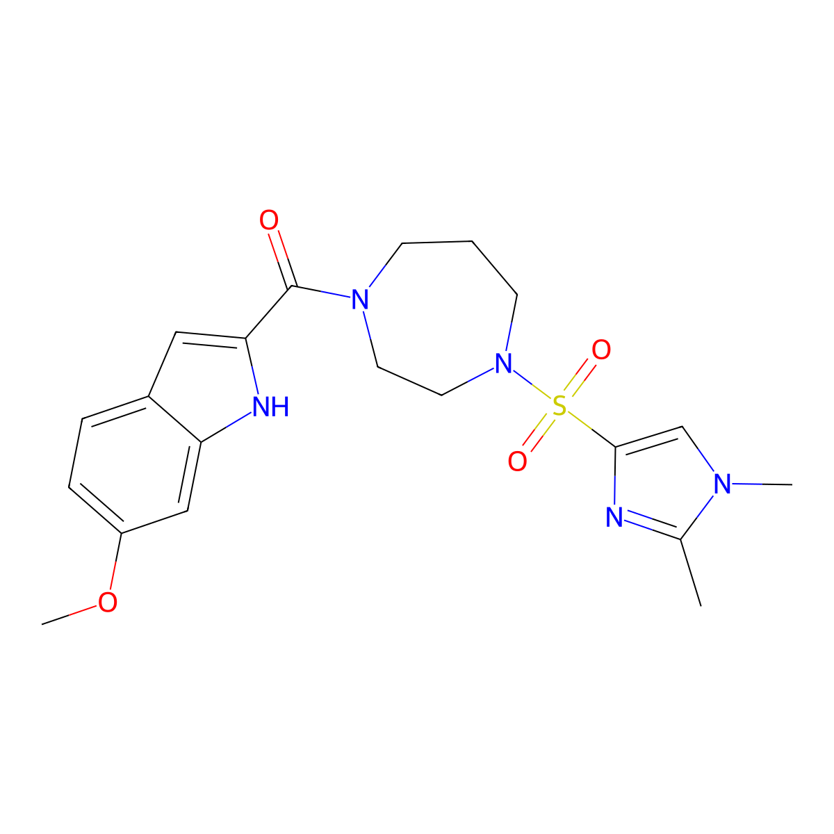 (4-((1,2-dimethyl-1H-imidazol-4-yl)sulfonyl)-1,4-diazepan-1-yl)(6-methoxy-1H-indol-2-yl)methanone molecular structure, CAS 1903014-92-5