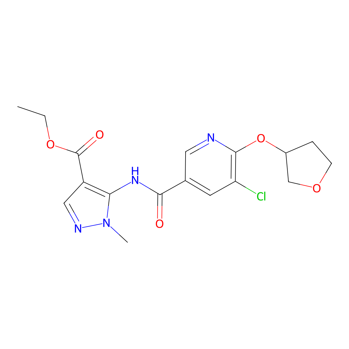 ethyl 5-(5-chloro-6-((tetrahydrofuran-3-yl)oxy)nicotinamido)-1-methyl-1H-pyrazole-4-carboxylate molecular structure, CAS 1903015-01-9
