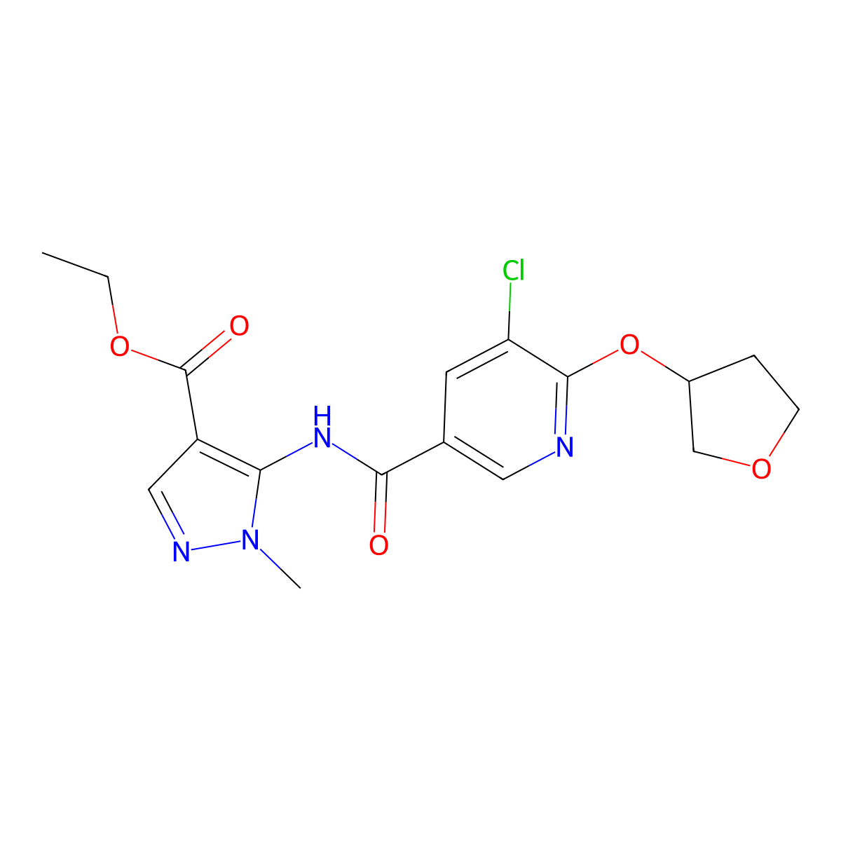 ethyl 5-(5-chloro-6-((tetrahydrofuran-3-yl)oxy)nicotinamido)-1-methyl-1H-pyrazole-4-carboxylate molecular structure, CAS 1903015-01-9