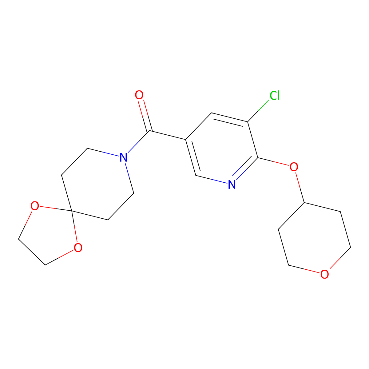 (5-chloro-6-((tetrahydro-2H-pyran-4-yl)oxy)pyridin-3-yl)(1,4-dioxa-8-azaspiro[4.5]decan-8-yl)methanone molecular structure, CAS 1903023-03-9